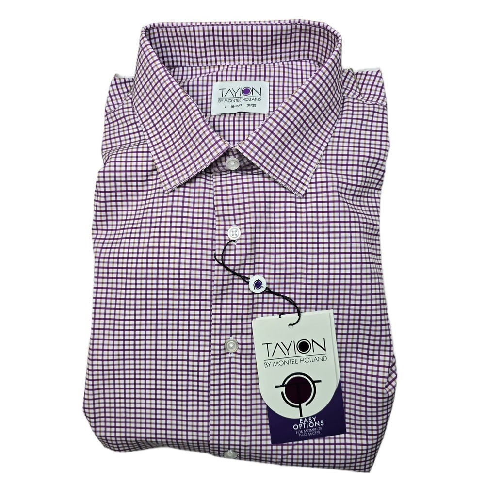 Tayion Plaid Dress Shirt Mens Large 16-16.5 34/35 White Purple Gold Slim Fit NEW